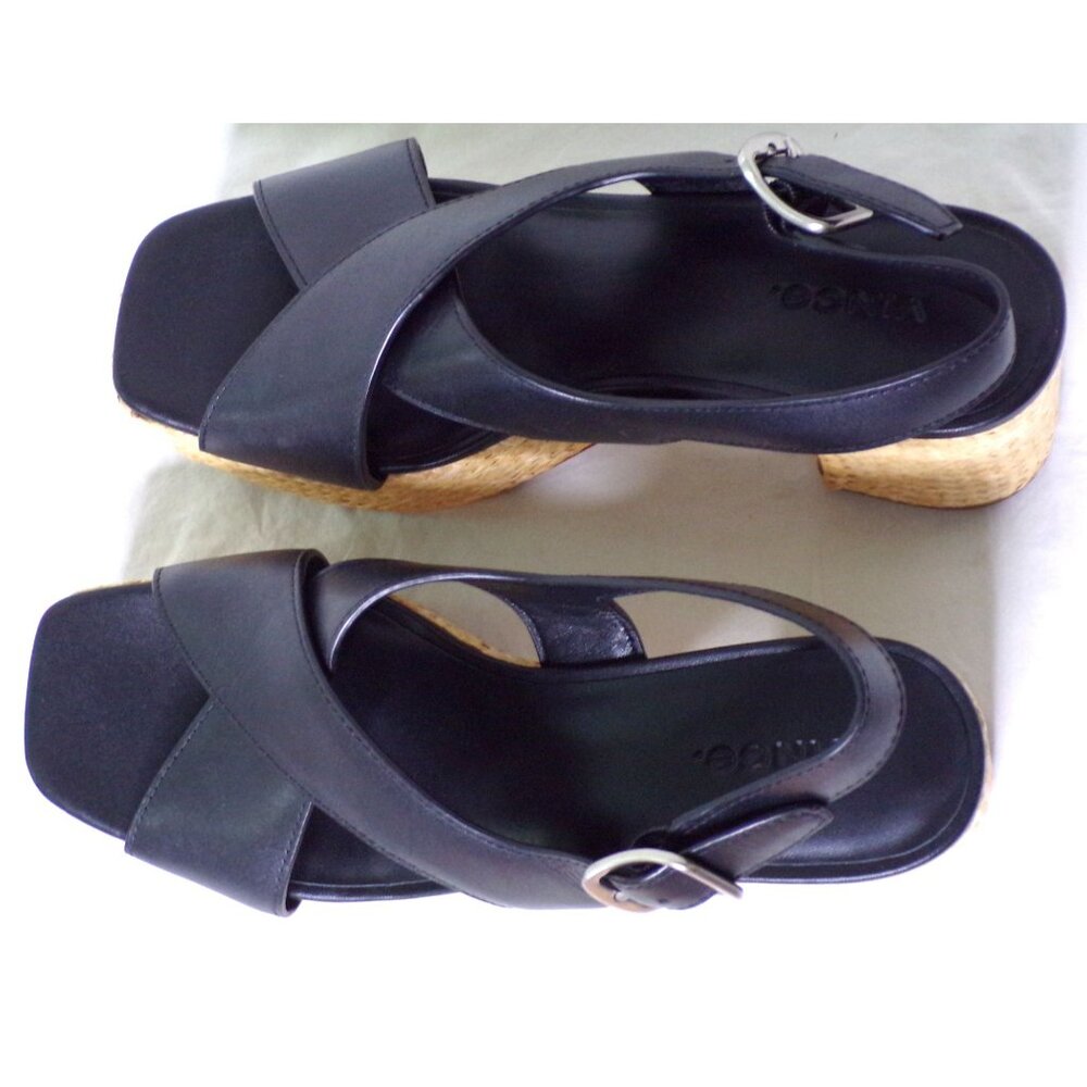 🆕VINCE Clementina Platform Raffia Heel Sandal Shoe Leather 8 Black - Picture 9 of 10